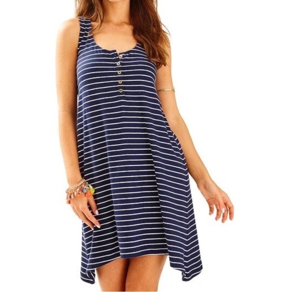 Lilly‎ Pulitzer Jennalyn Pima WM XL Navy White Striped Asymmetrical Tank Dress